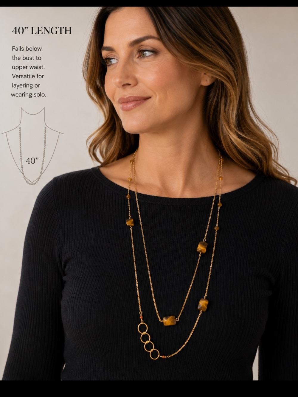 NEW-CHARLENE K 40’ tigers eye, and gold plated necklace.